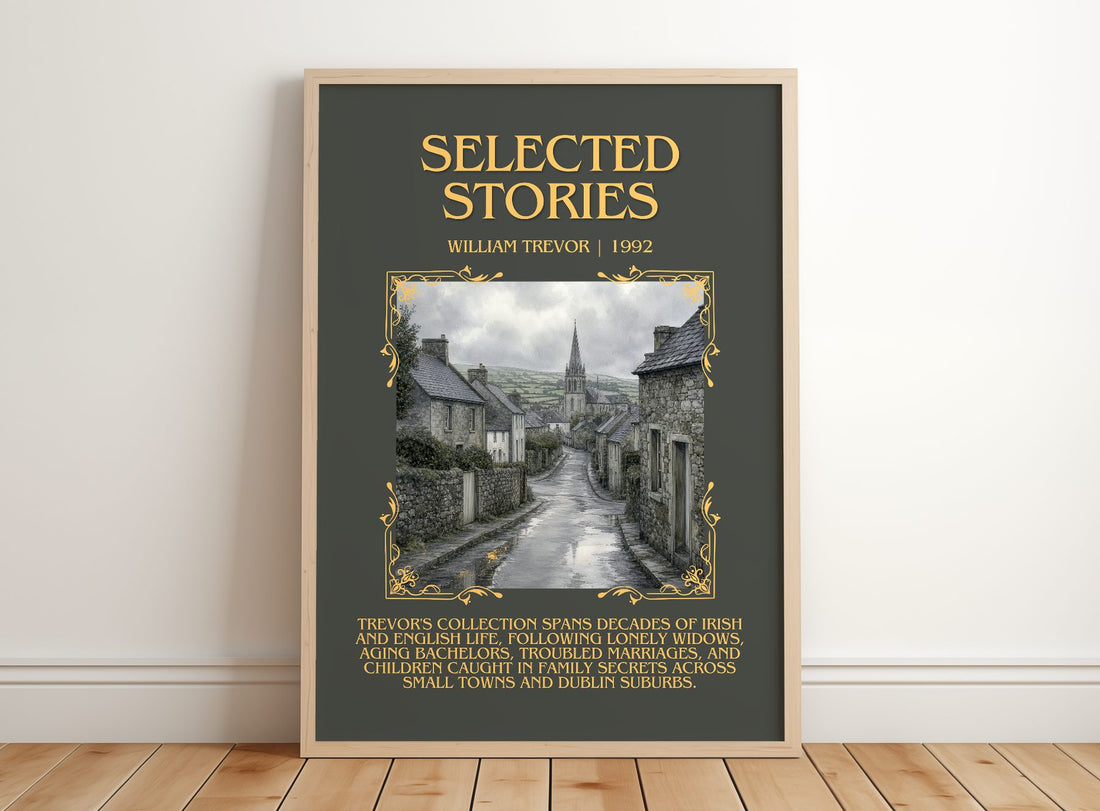 Selected Stories Minimalist Book Poster by William Trevor – framed print leaning on a wooden floor