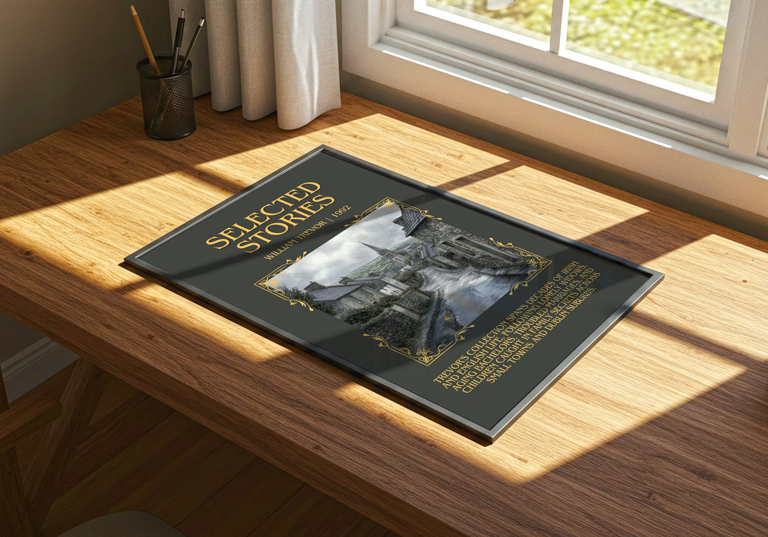 Selected Stories Minimalist Book Poster by William Trevor – print on a sunlit desk