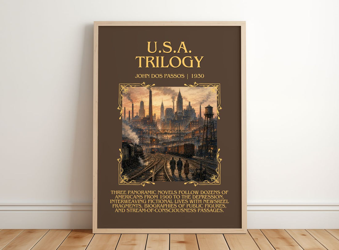 U.S.A. Trilogy Minimalist Book Poster by John Dos Passos – framed print leaning on a wooden floor