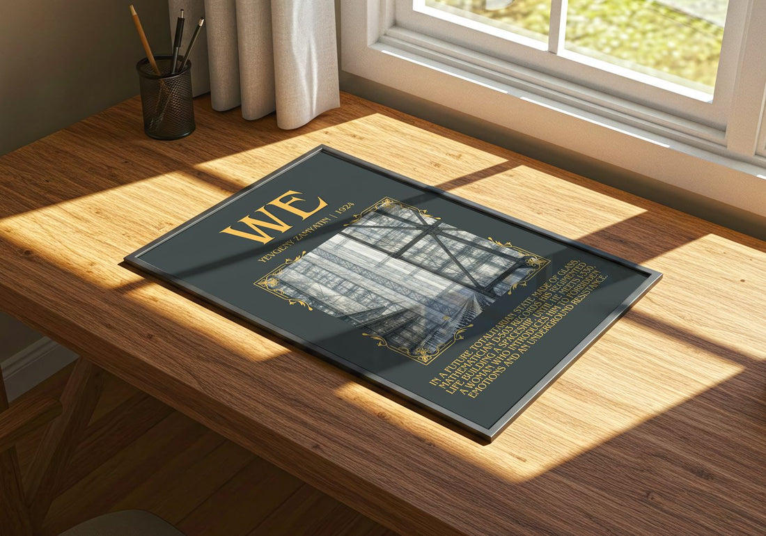 We Minimalist Book Poster by Yevgeny Zamyatin – print on a sunlit desk