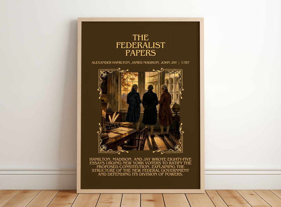 Federalist Papers Minimalist Book Poster by A. Jay – framed print leaning on a wooden floor