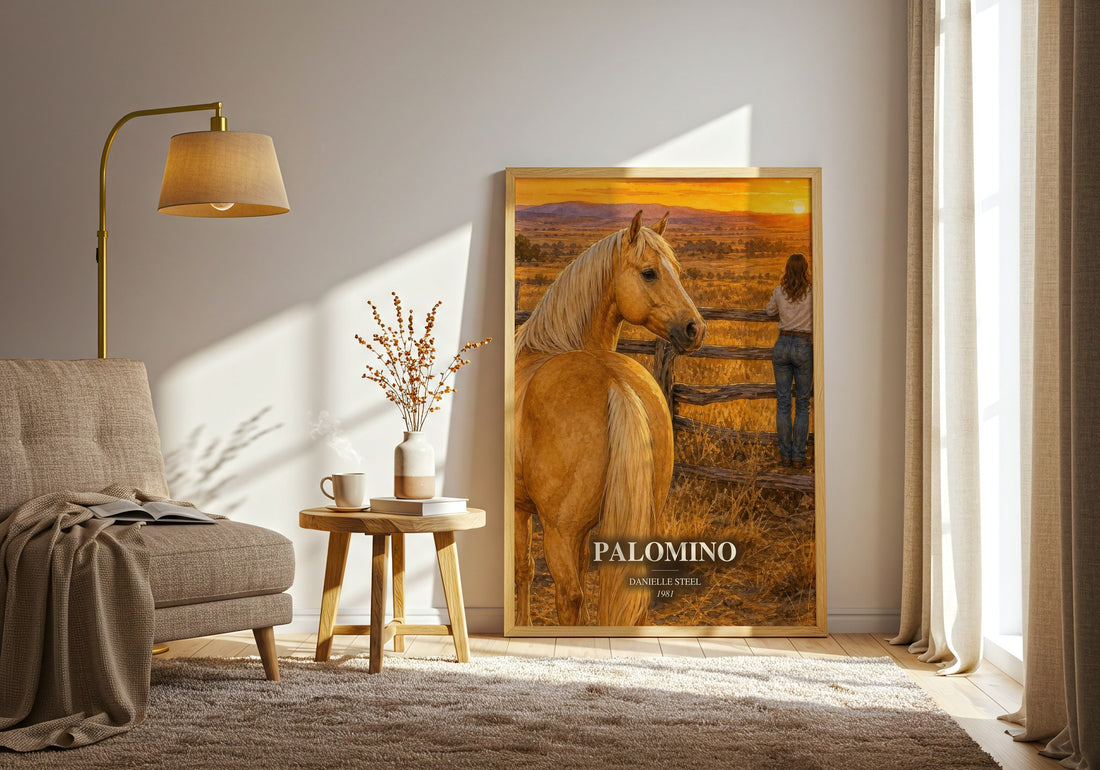 Palomino watercolour print in frame leaning in hallway – romance wall art (mockup)