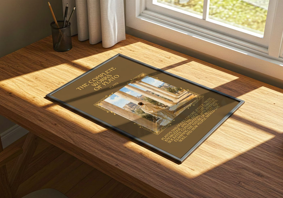 The Complete Works of Plato Minimalist Book Poster by Plato – print on a sunlit desk