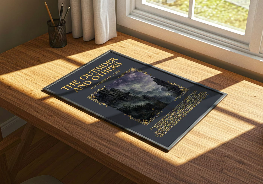 The Outsider And Others Minimalist Book Poster by H. P. Lovecraft – print on a sunlit desk