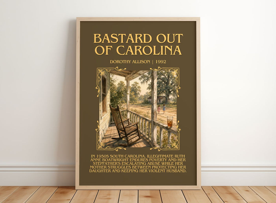 Bastard Out of Carolina Minimalist Book Poster by Dorothy Allison – framed print leaning on a wooden floor