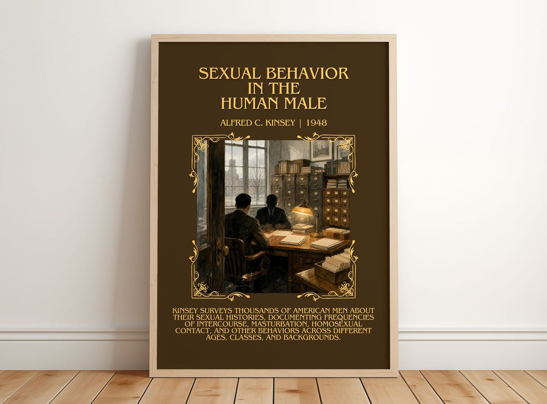 Sexual Behavior in the Human Male Minimalist Book Poster by A. Kinsey – framed print leaning on a wooden floor