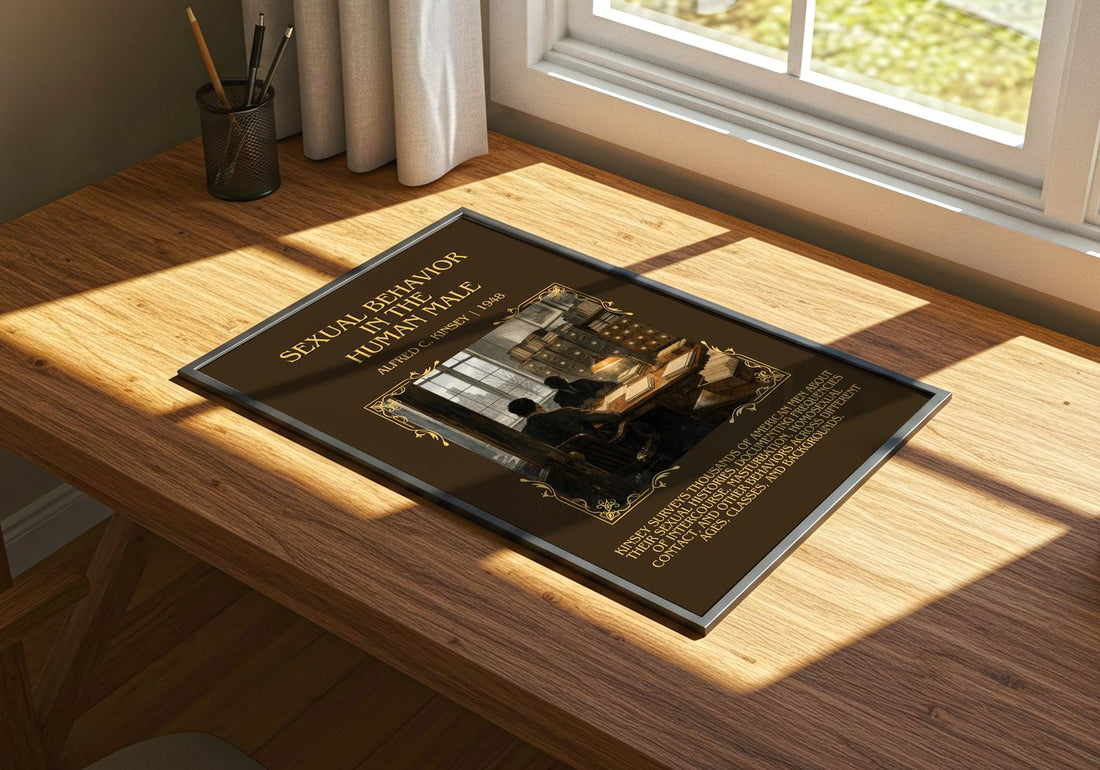 Sexual Behavior in the Human Male Minimalist Book Poster by A. Kinsey – print on a sunlit desk
