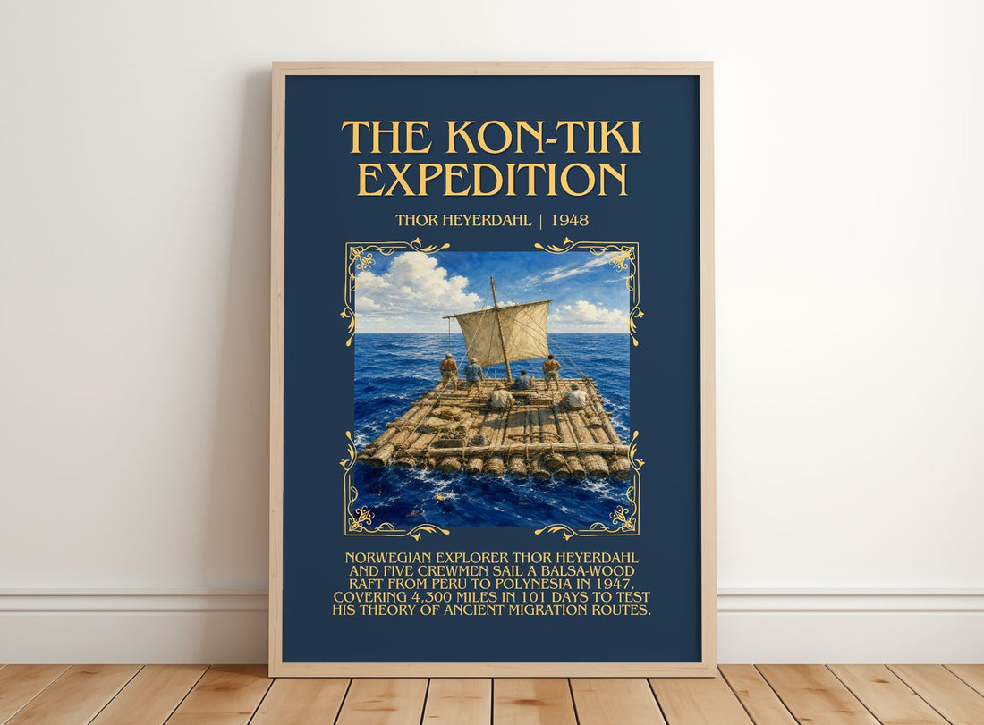 The Kon-Tiki Expedition Minimalist Book Poster by Thor Heyerdahl – framed print leaning on a wooden floor
