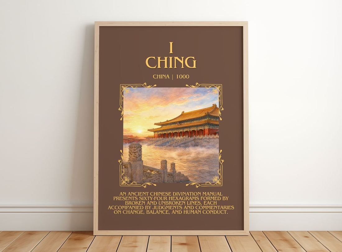 I Ching Minimalist Book Poster by China – framed print leaning on a wooden floor