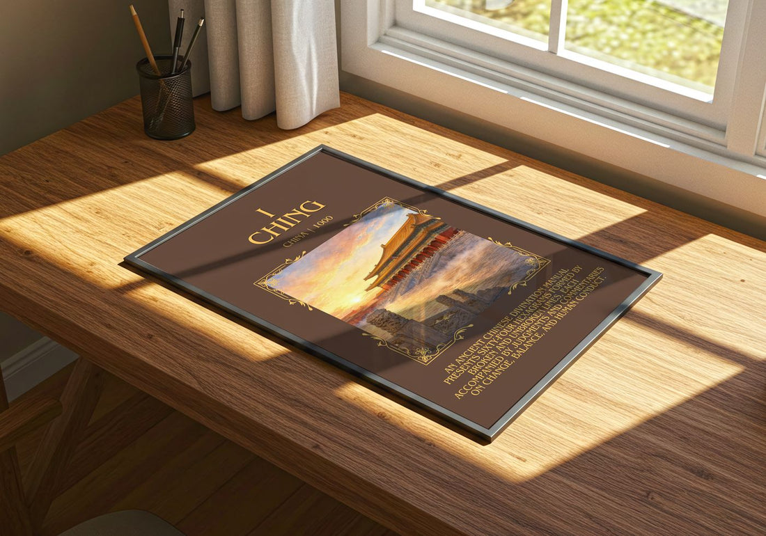 I Ching Minimalist Book Poster by China – print on a sunlit desk