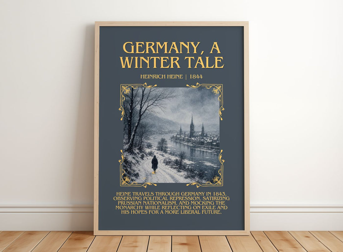 Germany, a Winter Tale Minimalist Book Poster by Heinrich Heine – framed print leaning on a wooden floor