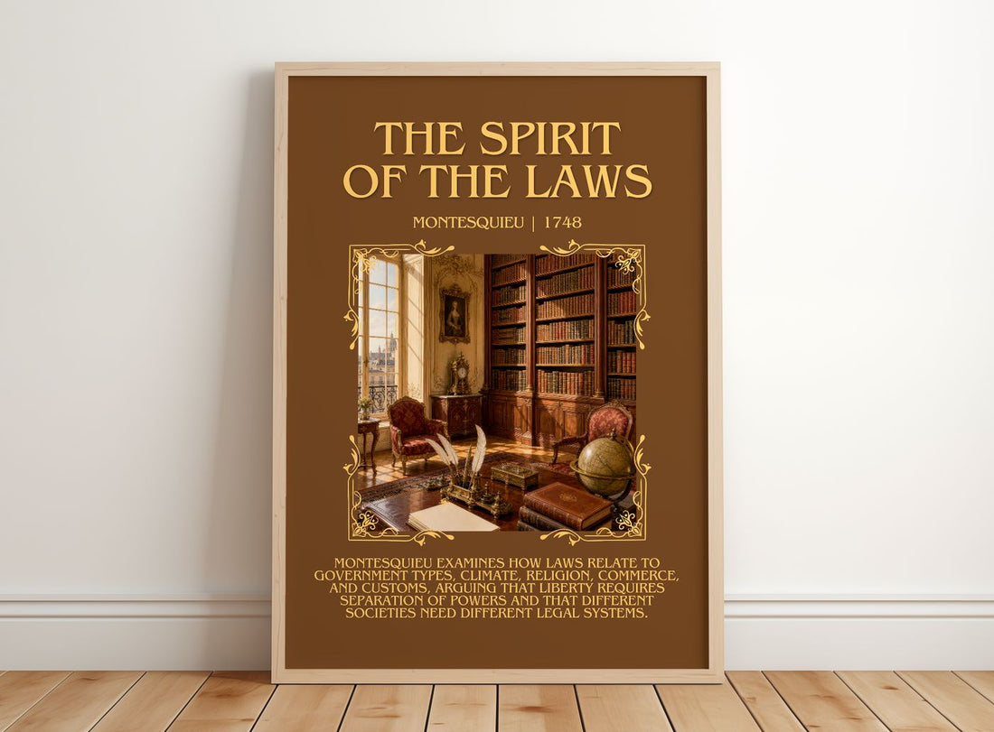 The Spirit Of The Laws Minimalist Book Poster by Montesquieu – framed print leaning on a wooden floor