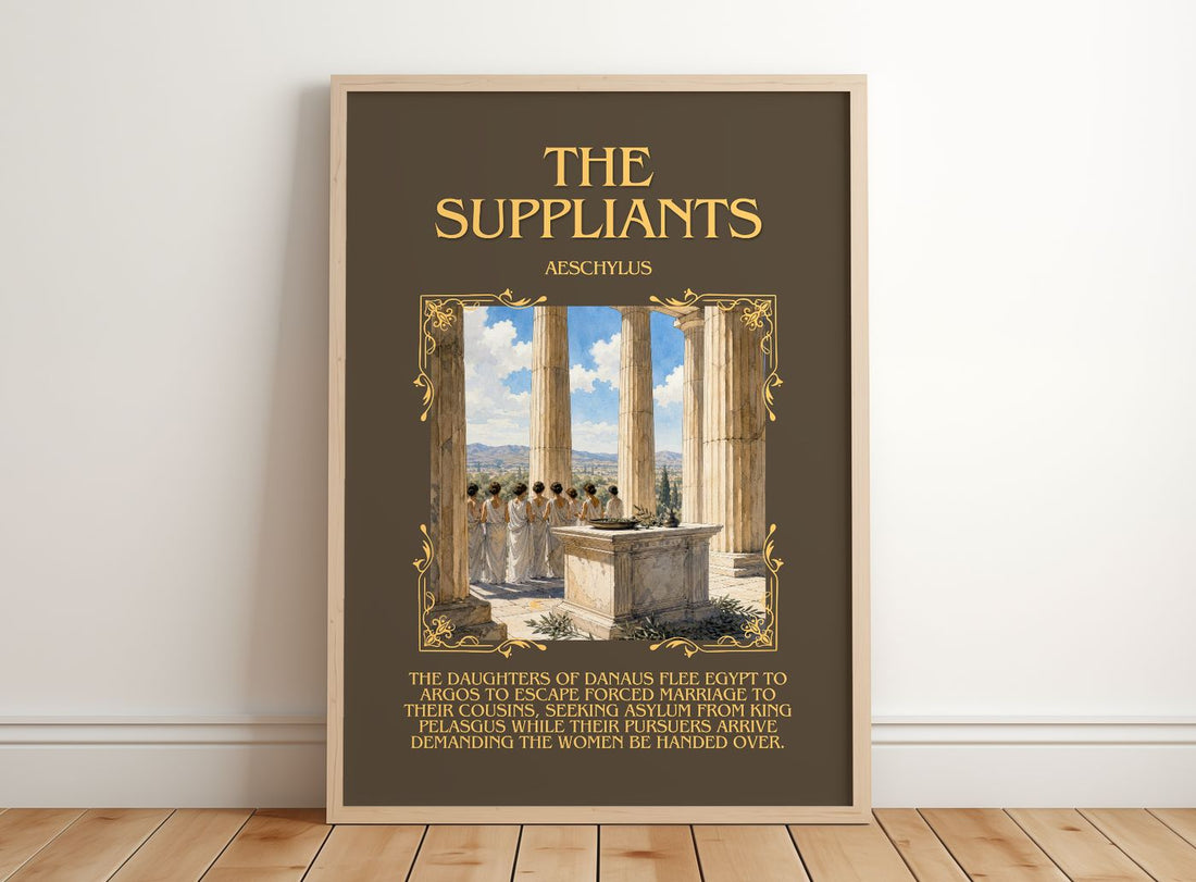 The Suppliants Minimalist Book Poster by Aeschylus – framed print leaning on a wooden floor