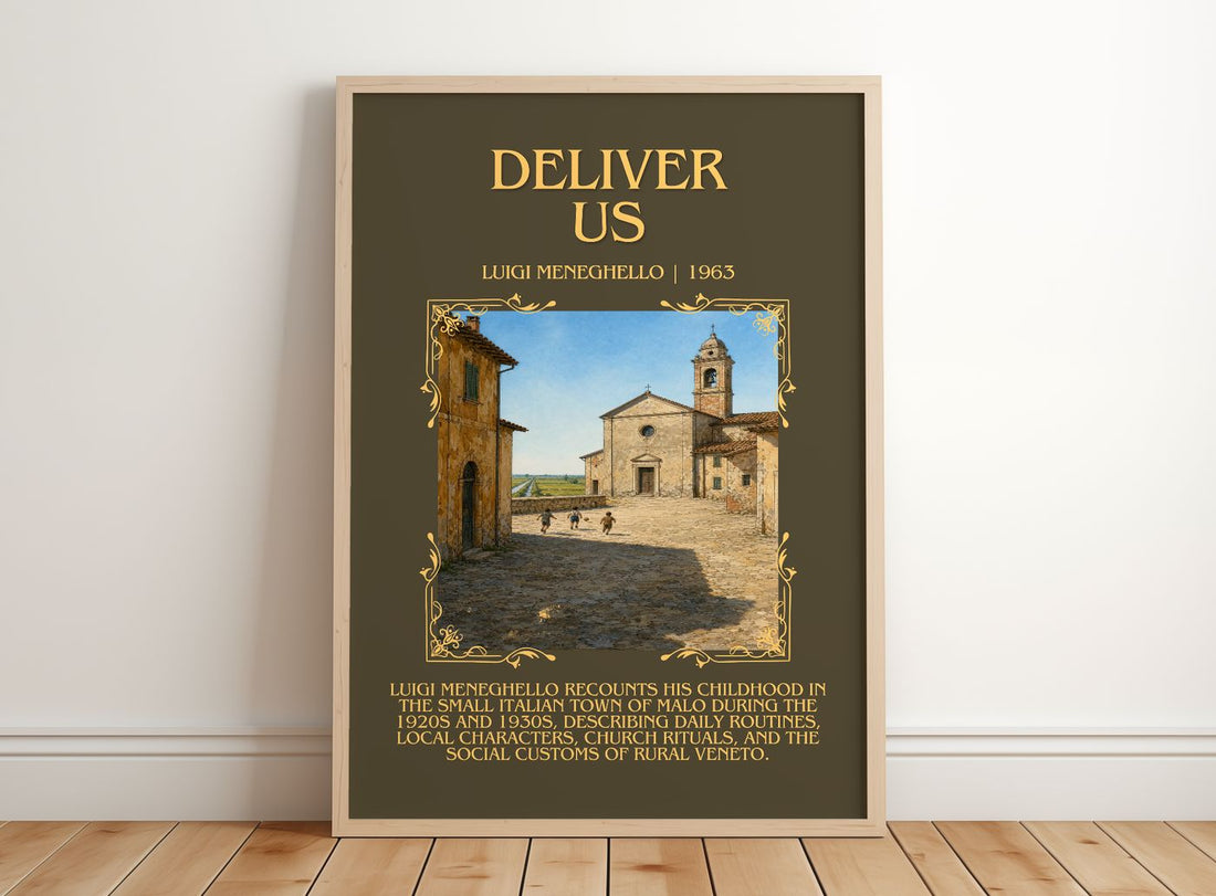 Deliver Us Minimalist Book Poster by Luigi Meneghello – framed print leaning on a wooden floor