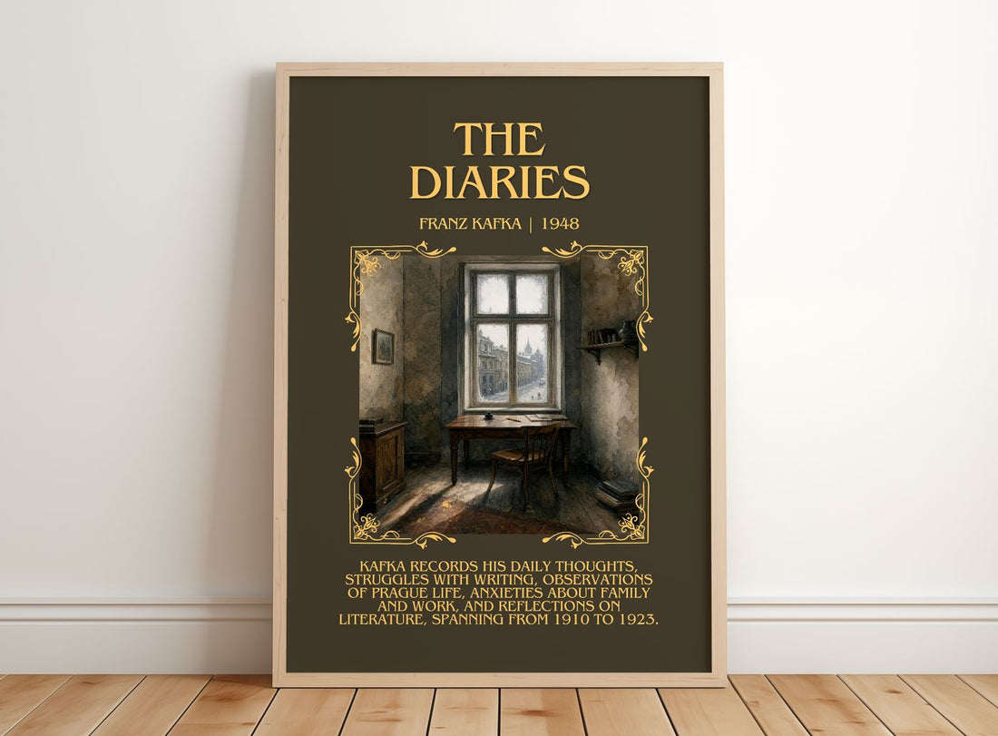 The Diaries Minimalist Book Poster by Franz Kafka – framed print leaning on a wooden floor