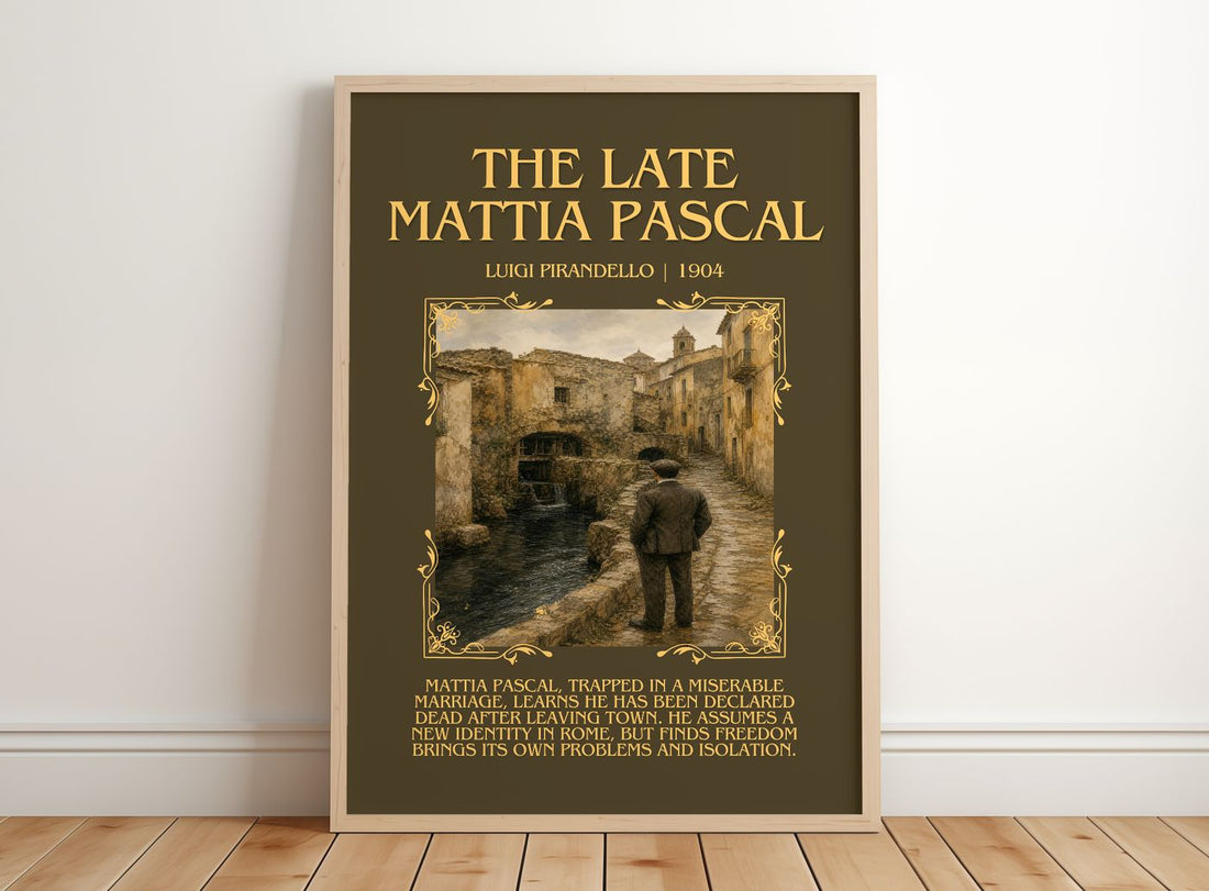 The Late Mattia Pascal Minimalist Book Poster by Luigi Pirandello – framed print leaning on a wooden floor