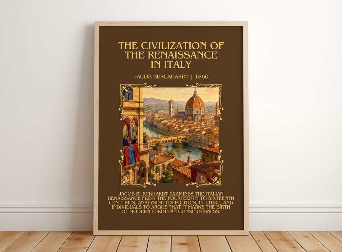 The Civilization Of The Renaissance In Italy Minimalist Book Poster by Jacob Burckhardt – framed print leaning on a wooden floor