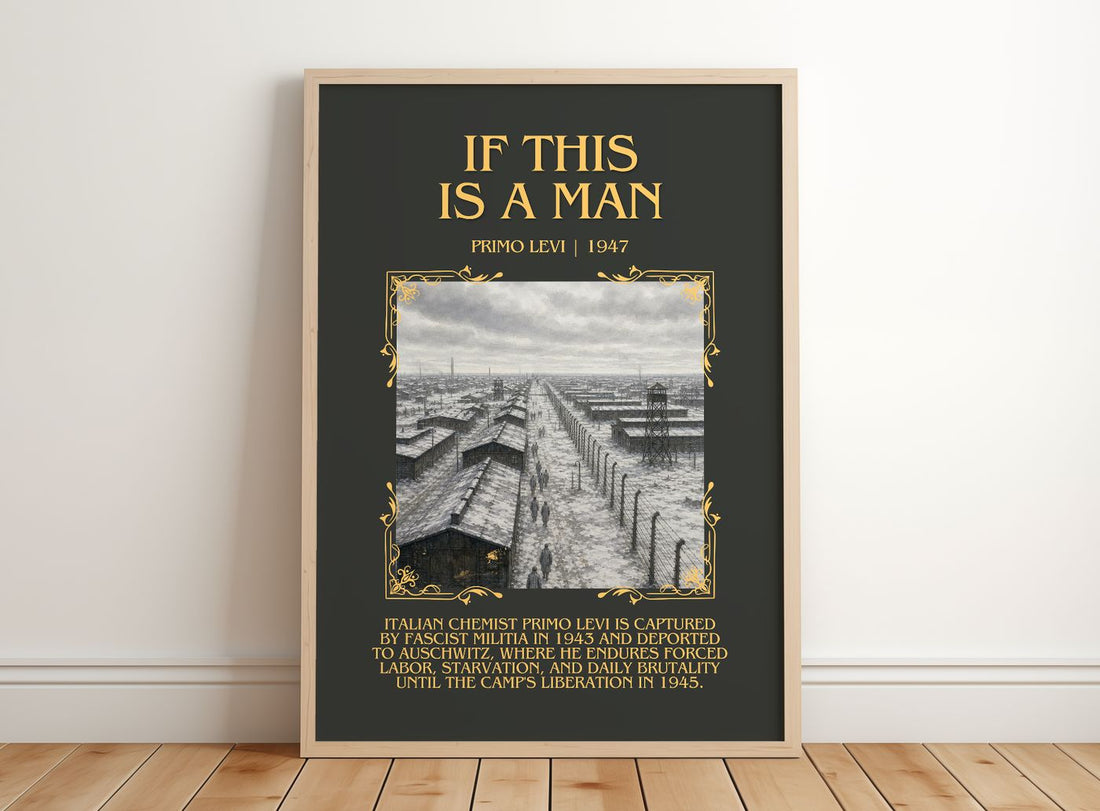 If This Is a Man Minimalist Book Poster by Primo Levi – framed print leaning on a wooden floor