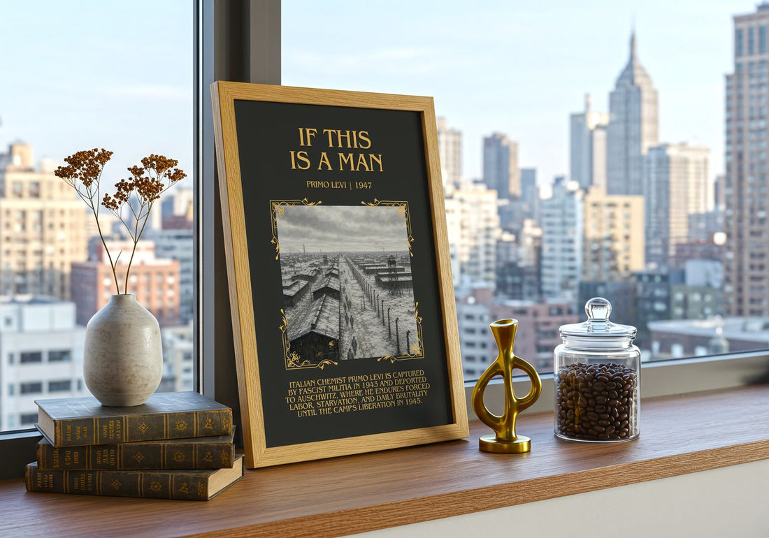 If This Is a Man Minimalist Book Poster by Primo Levi – framed print on a city-view windowsill
