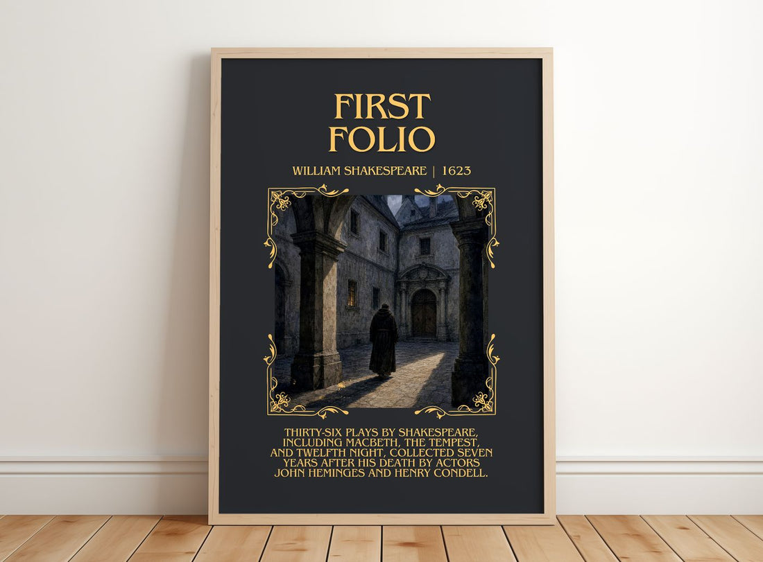 First Folio Minimalist Book Poster by William Shakespeare – framed print leaning on a wooden floor