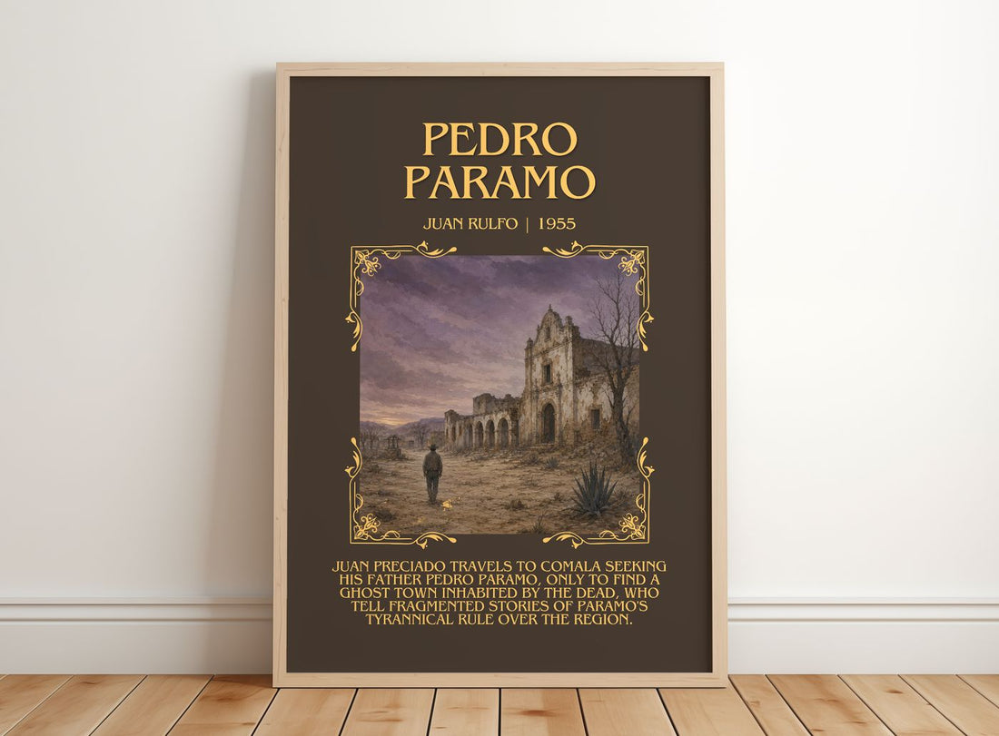Pedro Páramo Minimalist Book Poster by Juan Rulfo – framed print leaning on a wooden floor