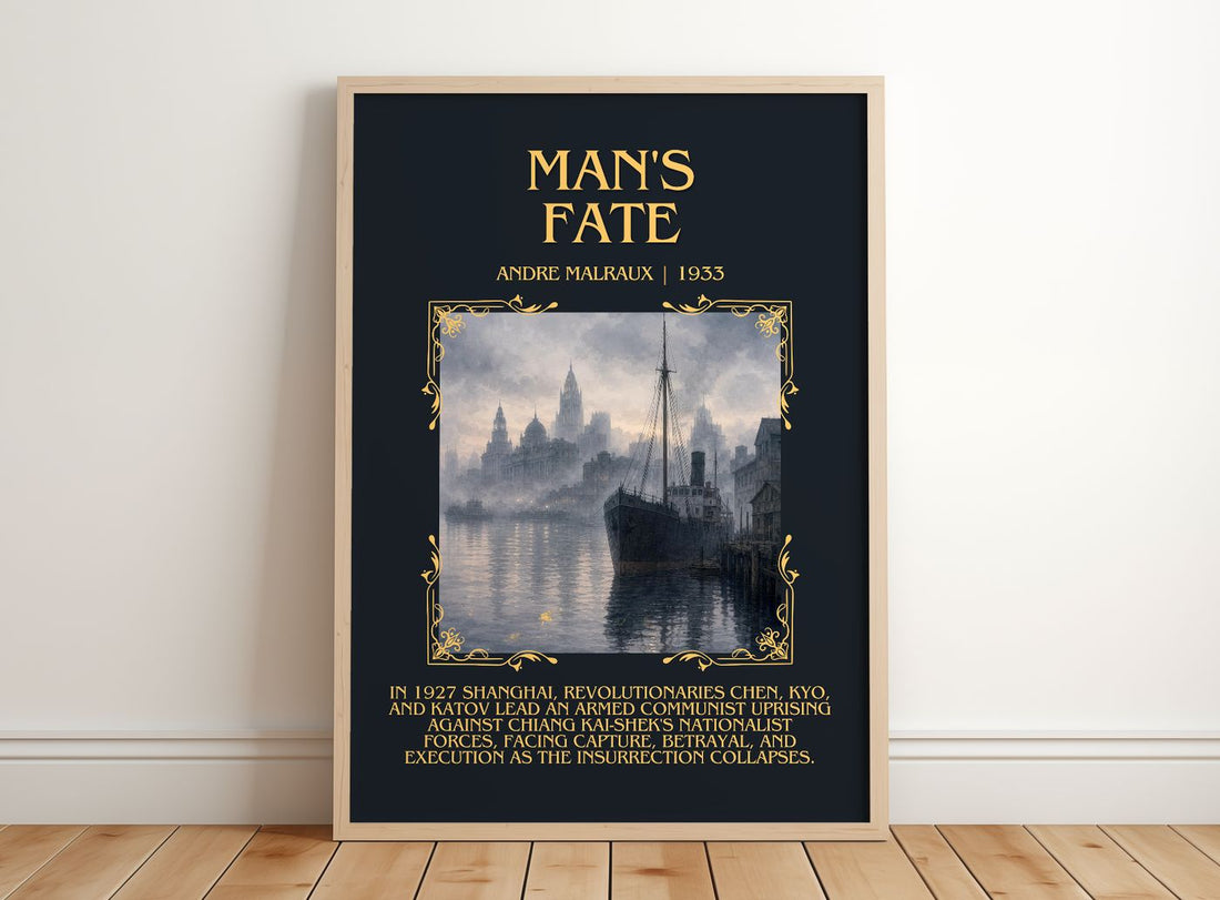 Man's Fate Minimalist Book Poster by Andre Malraux – framed print leaning on a wooden floor