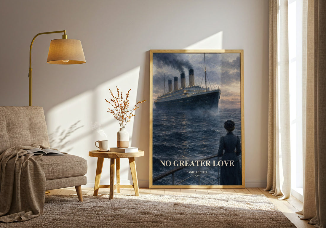 No Greater Love watercolour print in frame leaning in hallway – romance wall art (mockup)