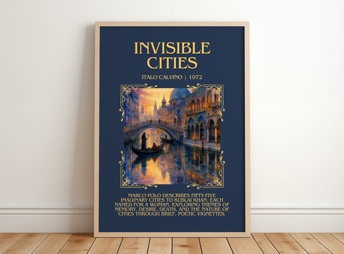 Invisible Cities Minimalist Book Poster by Italo Calvino – framed print leaning on a wooden floor