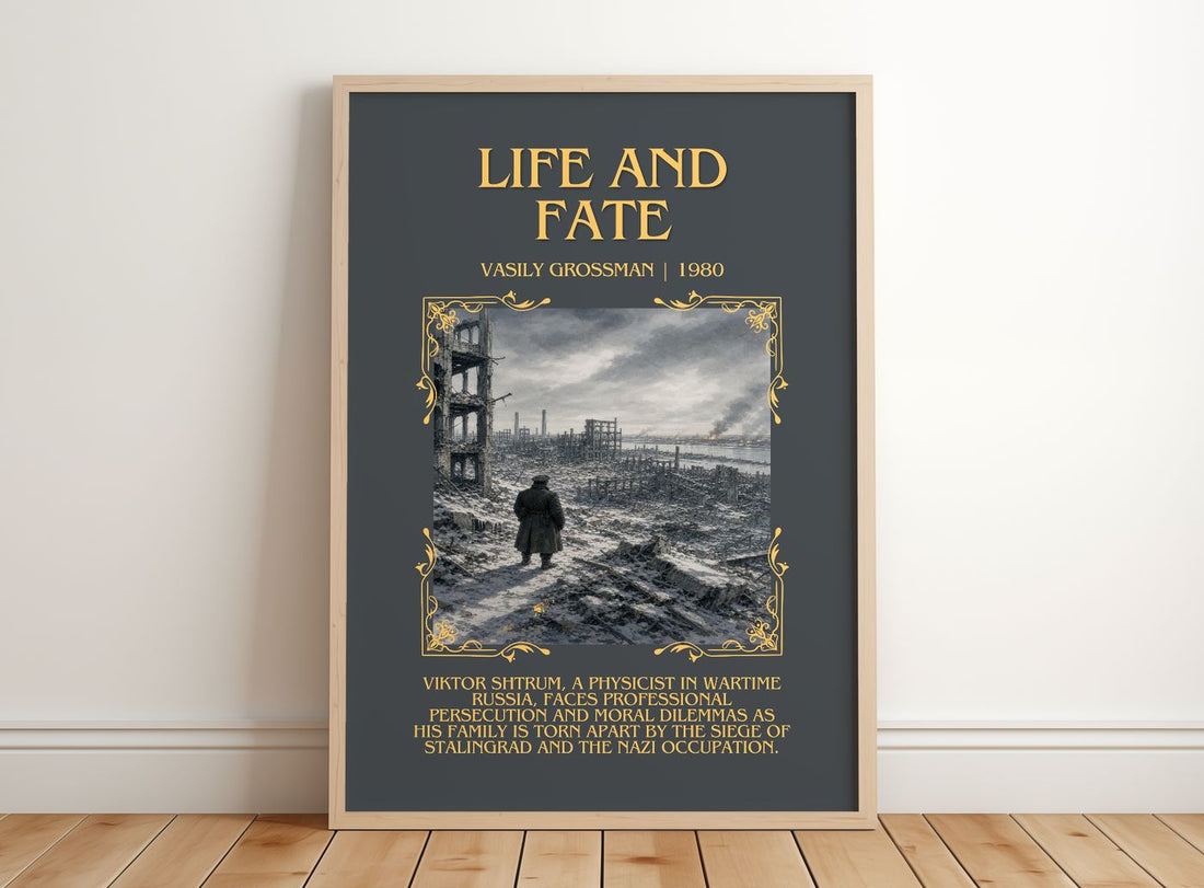 Life and Fate Minimalist Book Poster by Vasily Grossman – framed print leaning on a wooden floor