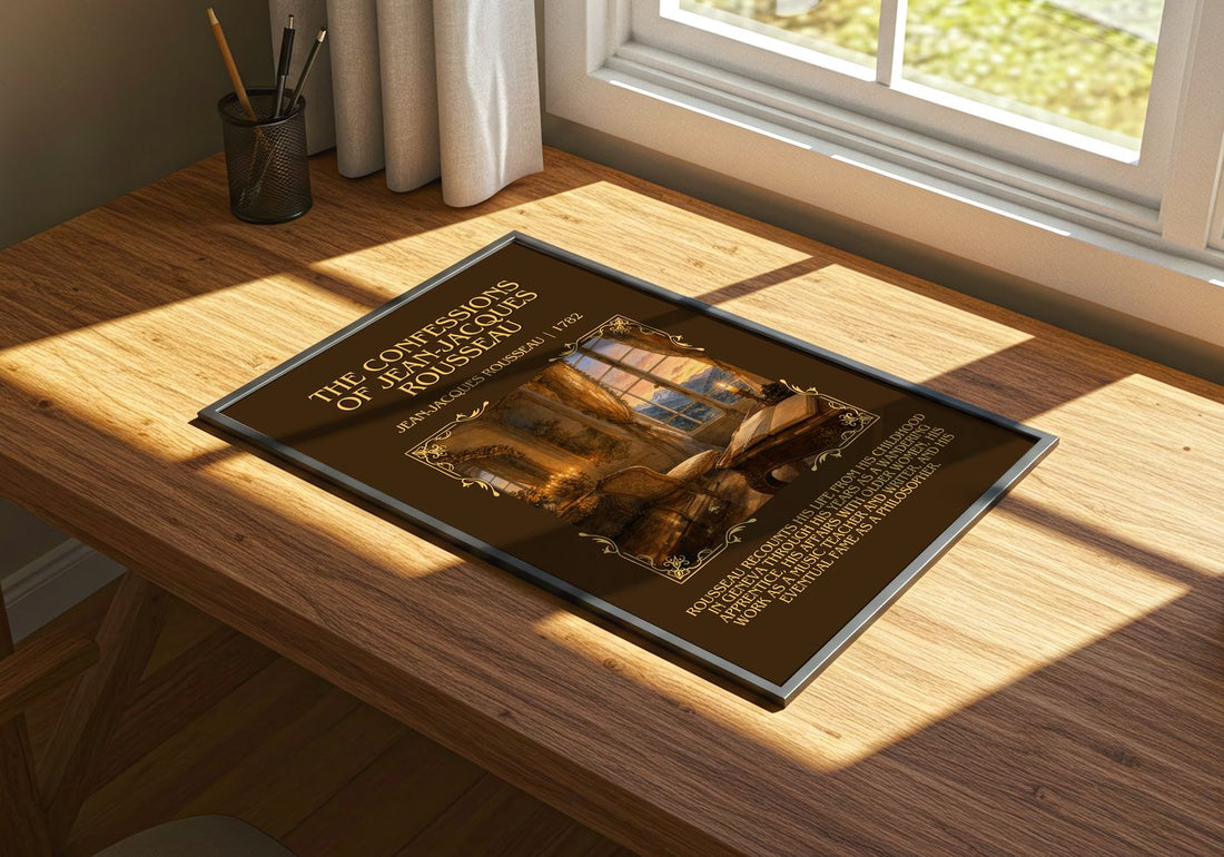 The Confessions of Jean-Jacques Rousseau Minimalist Book Poster by Jean-Jacques Rousseau – print on a sunlit desk