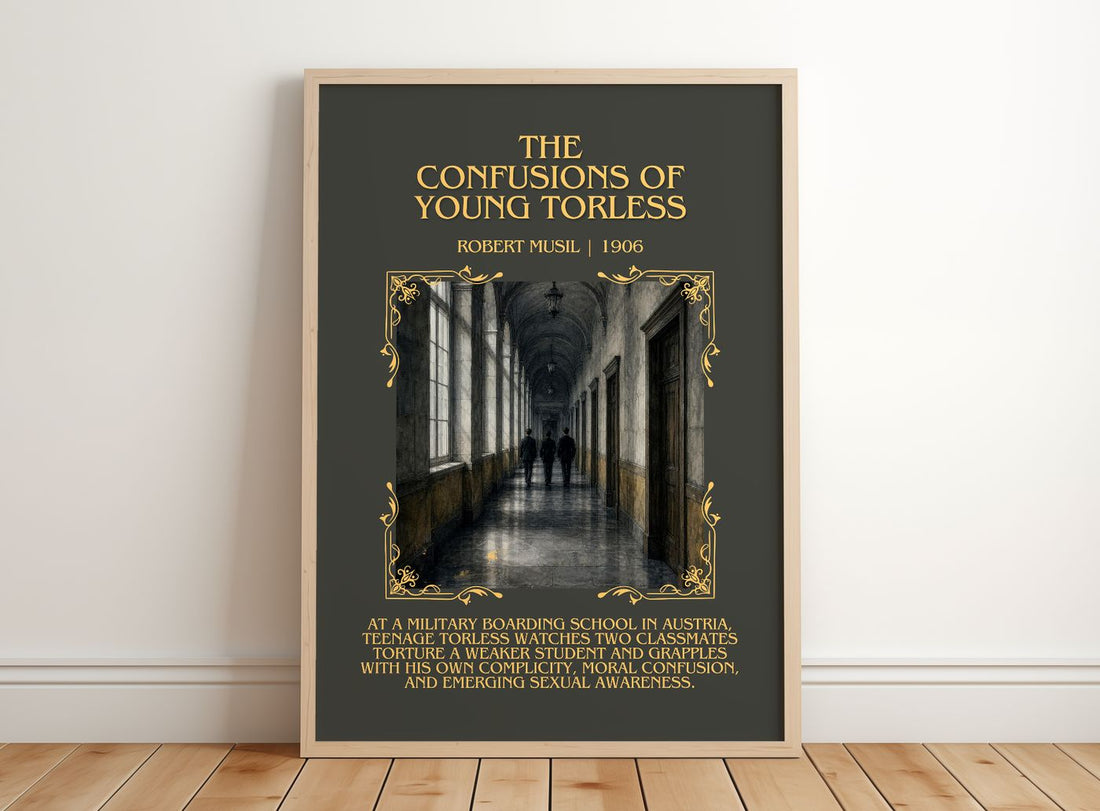 The Confusions of Young Törless Minimalist Book Poster by Robert Musil – framed print leaning on a wooden floor
