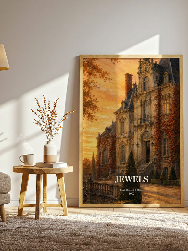 Jewels watercolour print in frame leaning in hallway – historical fiction wall art