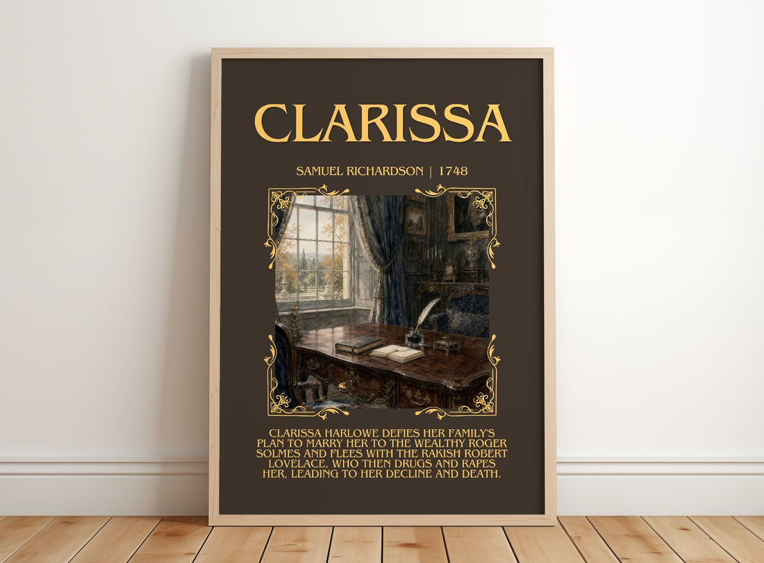 Clarissa Minimalist Book Poster by Samuel Richardson – framed print leaning on a wooden floor
