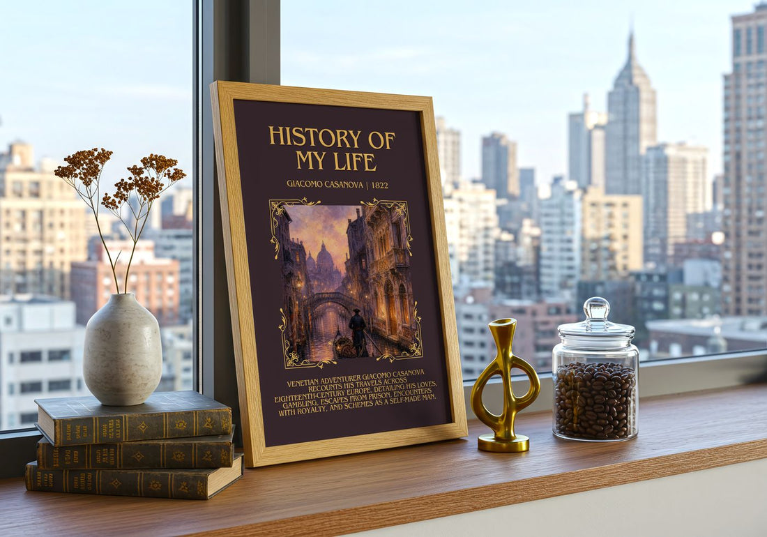 History of My Life Minimalist Book Poster by Giacomo Casanova – framed print on a city-view windowsill