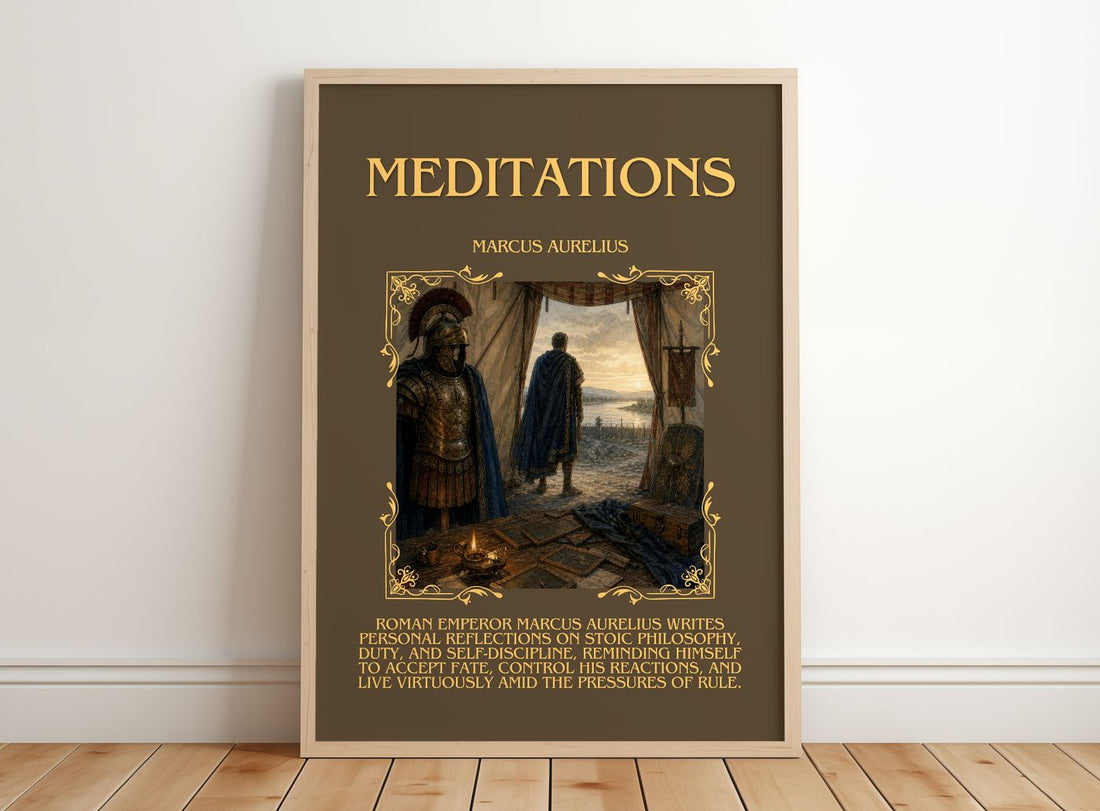 Meditations Minimalist Book Poster by Marcus Aurelius – framed print leaning on a wooden floor