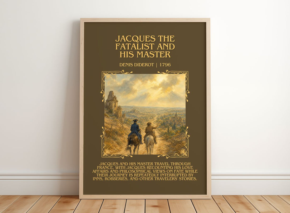 Jacques the Fatalist and His Master Minimalist Book Poster by Denis Diderot – framed print leaning on a wooden floor