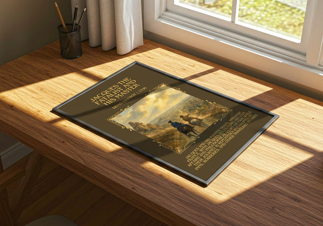 Jacques the Fatalist and His Master Minimalist Book Poster by Denis Diderot – print on a sunlit desk
