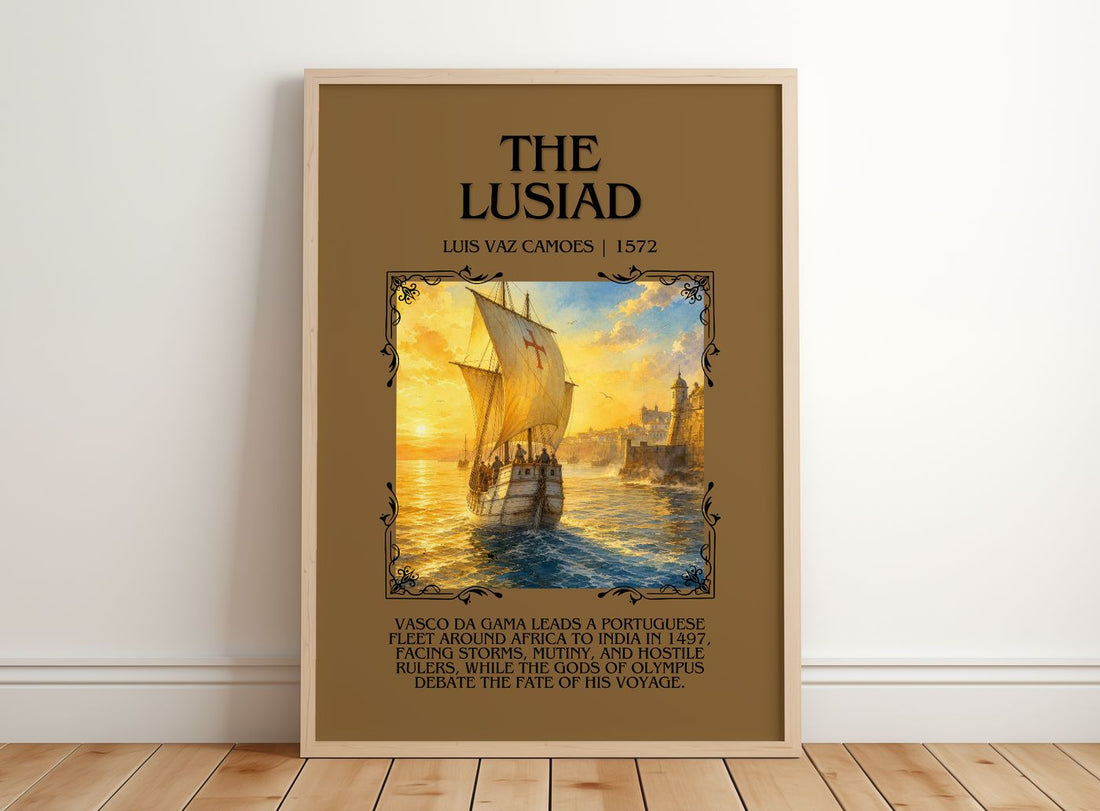 The Lusiad Minimalist Book Poster by Luís Vaz Camões – framed print leaning on a wooden floor