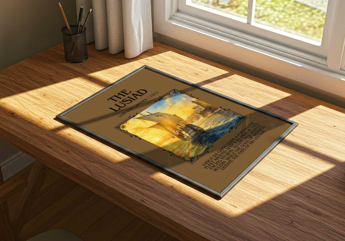 The Lusiad Minimalist Book Poster by Luís Vaz Camões – print on a sunlit desk