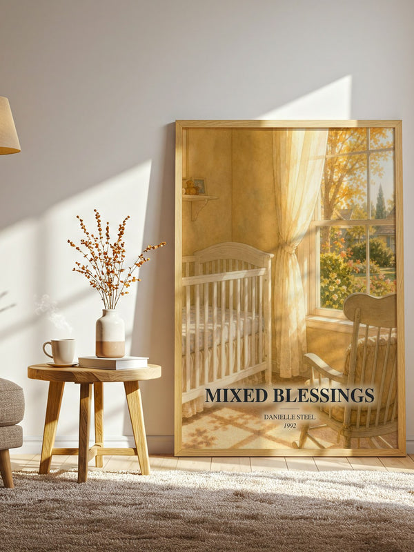 Mixed Blessings watercolour print in frame leaning in hallway – contemporary fiction wall art
