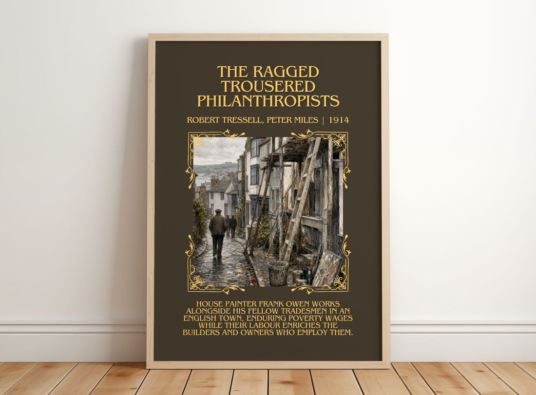 Ragged Trousered Philanthropists Minimalist Book Poster by R. Miles – framed print leaning on a wooden floor