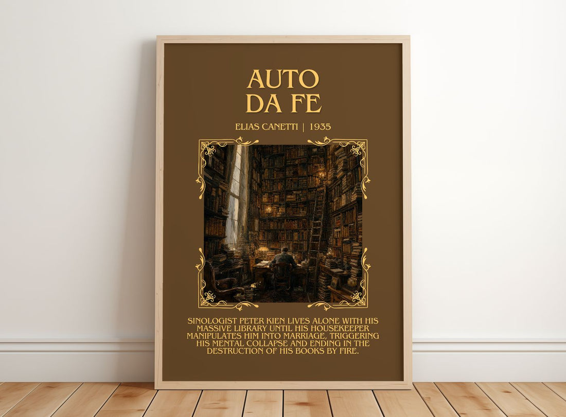 Auto Da Fé Minimalist Book Poster by Elias Canetti – framed print leaning on a wooden floor