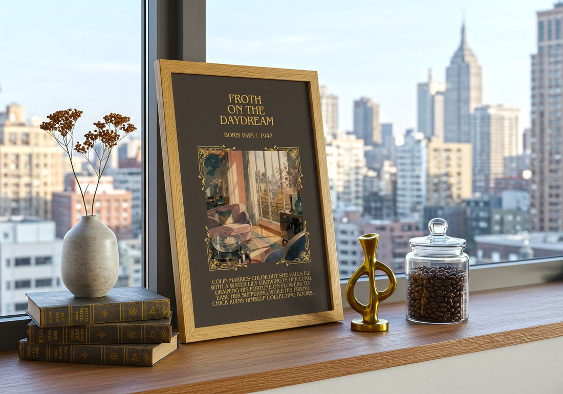 Froth on the daydream Minimalist Book Poster by Boris Vian – framed print on a city-view windowsill
