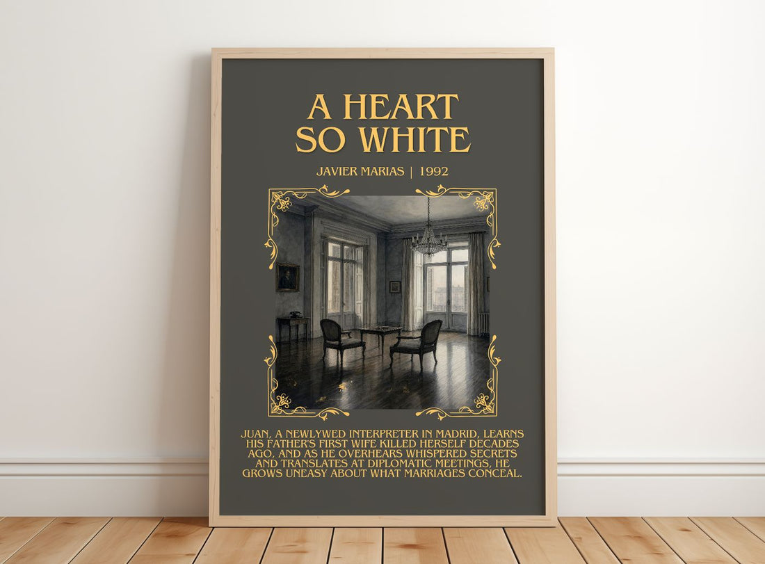 A Heart So White Minimalist Book Poster by Javier Marias – framed print leaning on a wooden floor