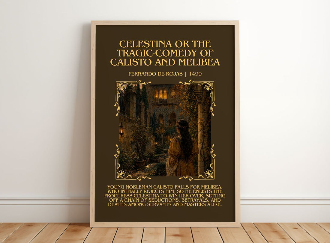 Celestina Or The Tragic-Comedy Of Calisto And Melibea Minimalist Book Poster by Fernando de Rojas – framed print leaning on a wooden floor