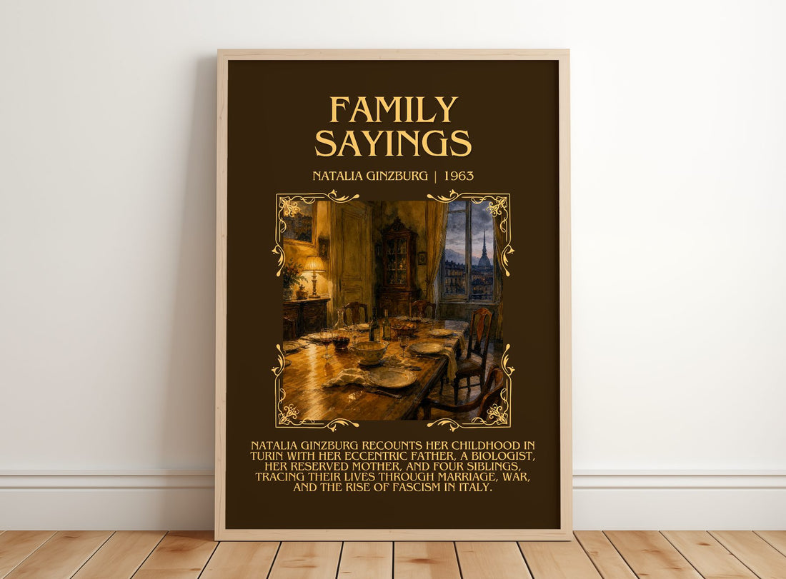 Family Sayings Minimalist Book Poster by Natalia Ginzburg – framed print leaning on a wooden floor