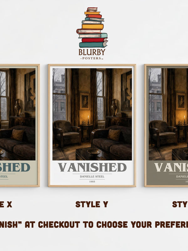 Vanished book cover print in frame leaning in hallway – romance wall art