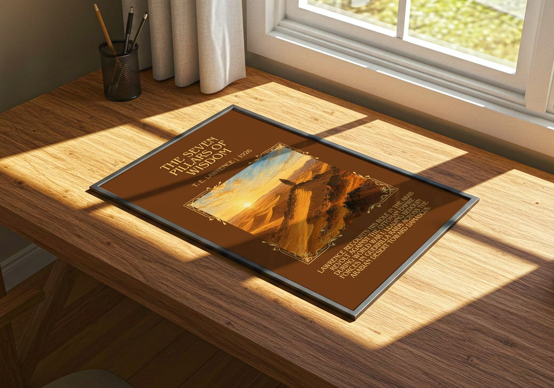 The Seven Pillars of Wisdom Minimalist Book Poster by T. E. Lawrence – print on a sunlit desk