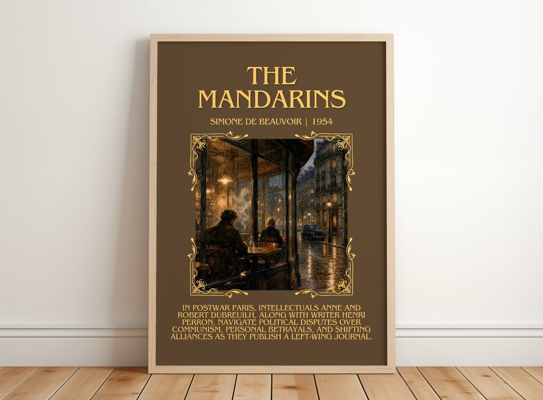 The Mandarins Minimalist Book Poster by Simone de Beauvoir – framed print leaning on a wooden floor