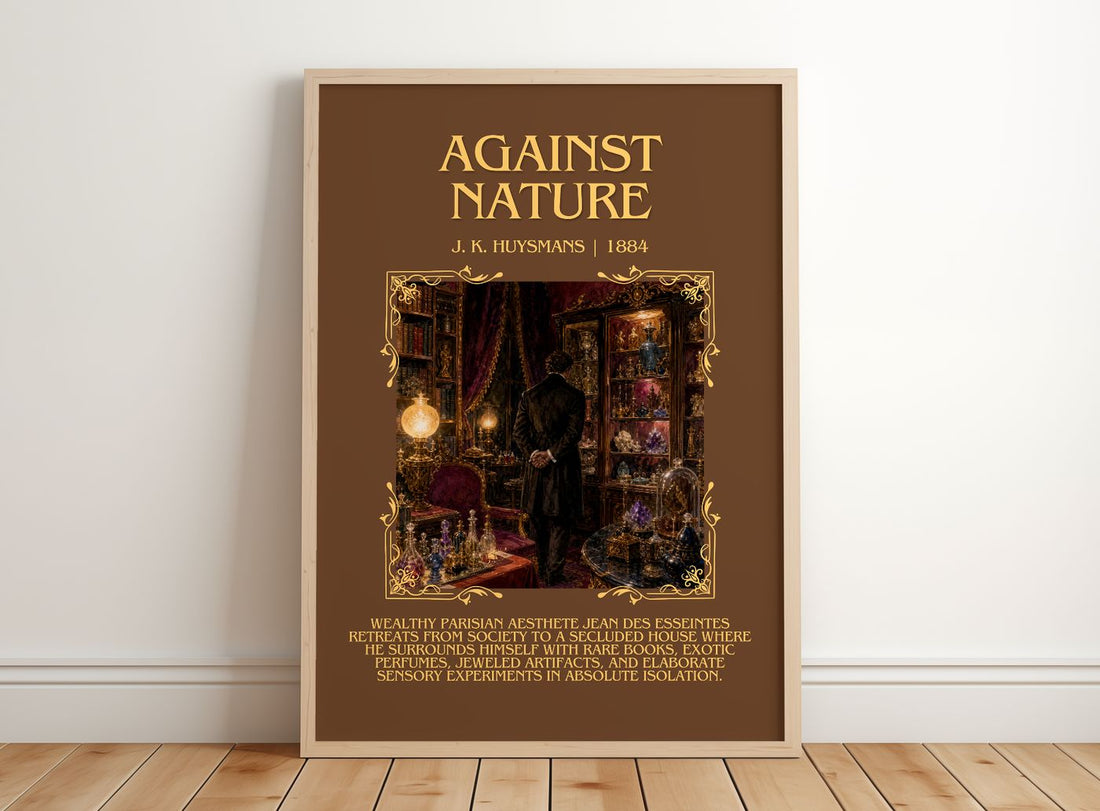 Against Nature Minimalist Book Poster by J. K. Huysmans – framed print leaning on a wooden floor